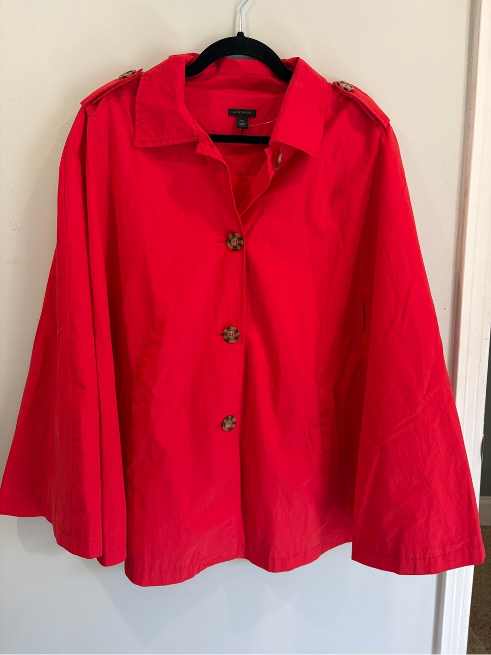 Ann Taylor Red Cape Jacket with arm cutouts and tan tiger eye buttons size M/L